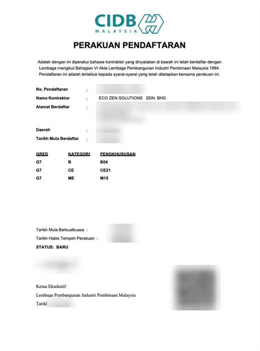 CIDB Perakuan Pendaftaran certificate
