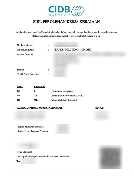 CIDB Sijil Perolehan Kerja Kerajaan certificate