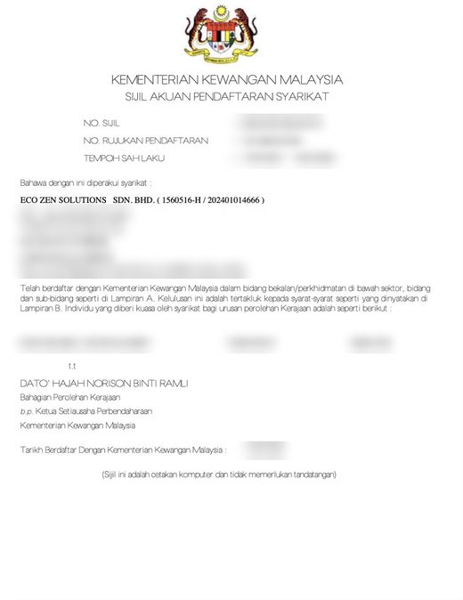 Ministry of Finance Malaysia certificate