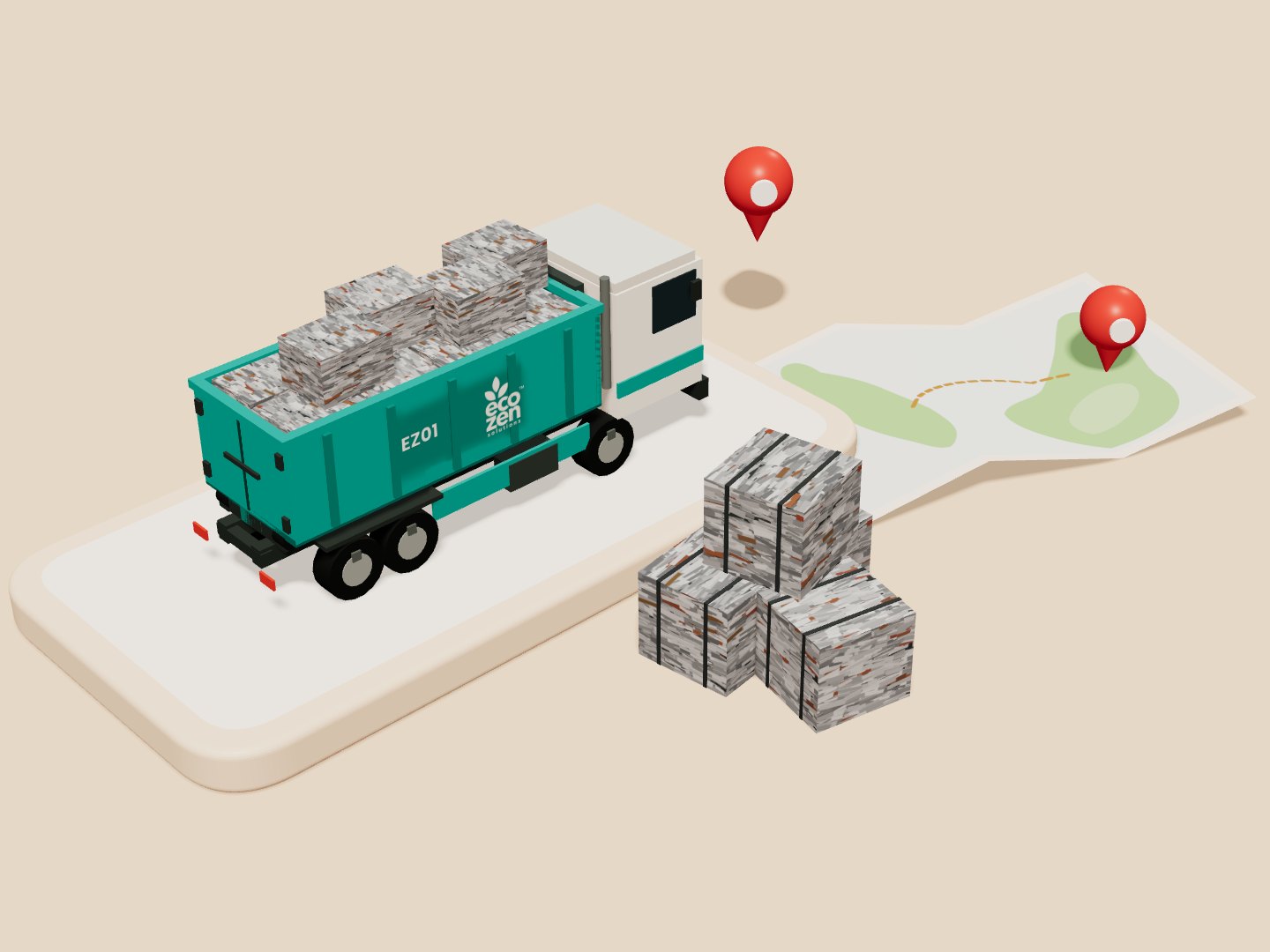 An Eco Zen hook-lift lorry with a full bin, scrap bales and a route map of Malaysia