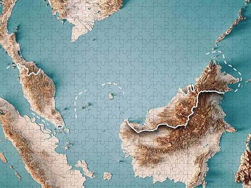 A relief map of Peninsular Malaysia and Borneo